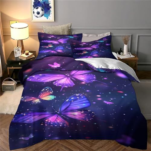 Housse de couette papillons violets 3D parure lit King drap microfibre avec taies