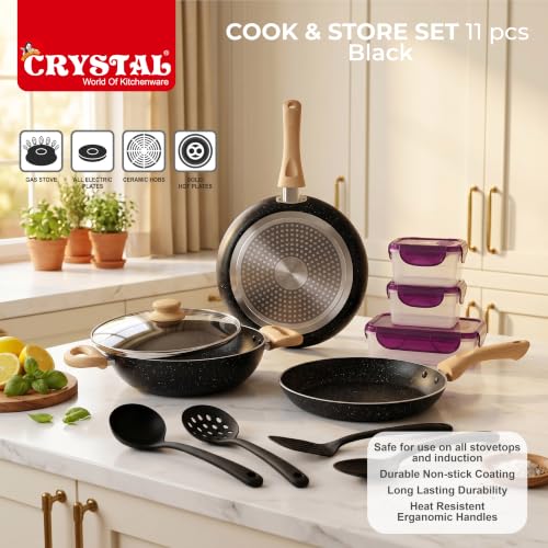 Image of Crystal Aluminum 11 Pcs Non Stick Cookware Set with Induction Bottom | Tawa, Fry Pan, Kadhai with Lid, 4 Serving Spoons, 3 Containers | 4 Layer Non Stick Coating | PFOA Free | Black