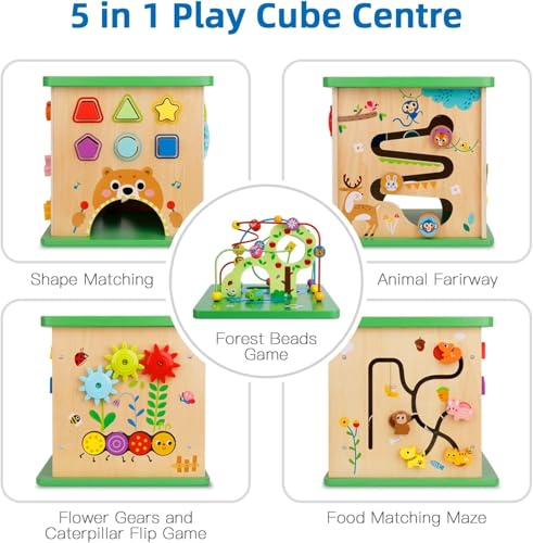 Image of TOOKYLAND 5 in 1 Activity Center, Wooden Large Activity Cube 23 inchX13 inchX13 inch