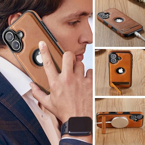 Image of Casus for iPhone 17 Case with MagSafe, Slim Kickstand Vegan Leather Protective Cover with Tempered Glass Screen Protector, 6.3 Inch (2025), Brown