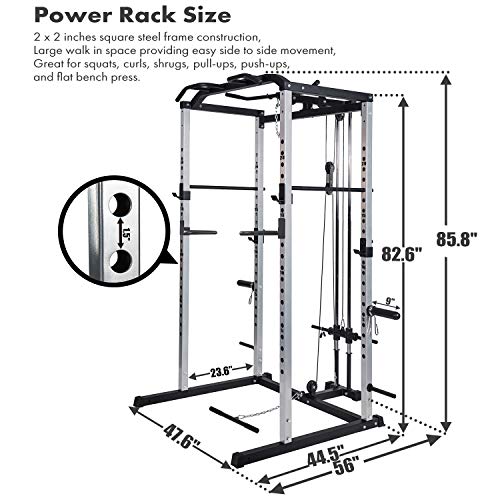 Vanswe Power Rack Power Cage 1000-Pound Capacity Home Gym Equipment Exercise Stand Olympic Squat Cage with LAT Pull Attachment, Multi-Grip Pull-up Bar and Dip Handle