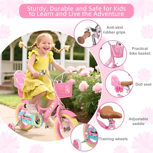 Image of Glaf Toddler Girls Bike for Age 2-9 Years 12 14 16 20 Inch Kids Bike | Girls Bicycle,Toddler Bike,Doll Seat, Basket, Adjustable Seat, Bell,