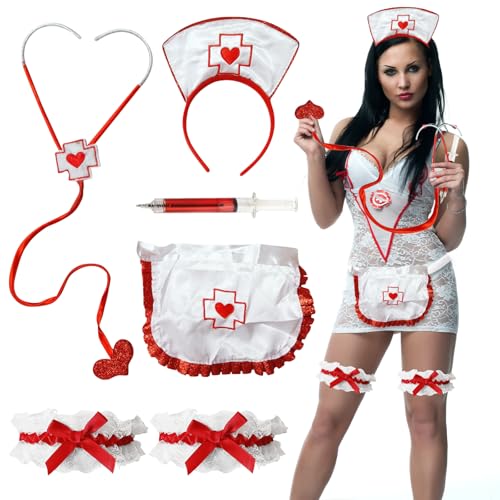 AMSNINK Halloween Kostüm Damen Krankenschwester – 6-Teiliges Horror Set Mit Schürze, Haube, Strumpfband, Stethoskop & Spritze, Sexy...