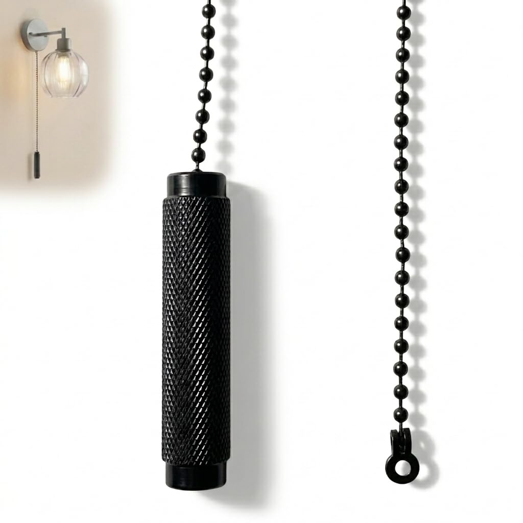 Chrome Bathroom Pull Cord Handle with 1M Zip Chain, Adjustable Bathroom & Ceiling Fan Pull Switch Handle, Durable Waterproof Replacement Pull Cord for Light Switches, Blinds, and More (Black)