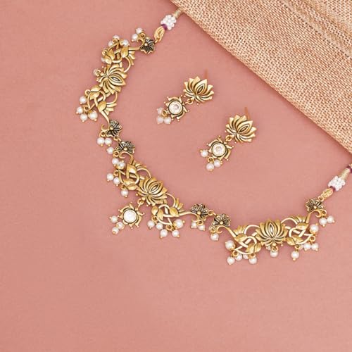 Image of VOYLLA Apsara Lotus Motif Filigree Gold Plated Brass Jewellery Set For Women, Jewellery Set For Women, Womens Gift, Gift For Her