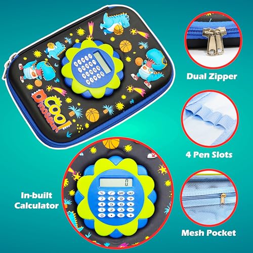 Image of VGRASSP Dinosaur Theme Stationery Pencil Case for Kids with Mini Calculator - 3D EVA Zipper Pouch with Multi Storage Compartments - Fun School Stationery Organizer - Multicolor