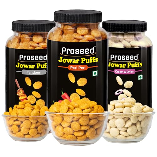 Image of Proseed Jowar Puffs (Tandoori, Peri Peri & Cream Onion) | 150g x 3 Packs (Total 450g) | Slow Roasted & 100% Veg | No Refined Flour, Sugar & Trans-Fat | Gluten Free | No Palm Oil, Healthy Millet Snacks
