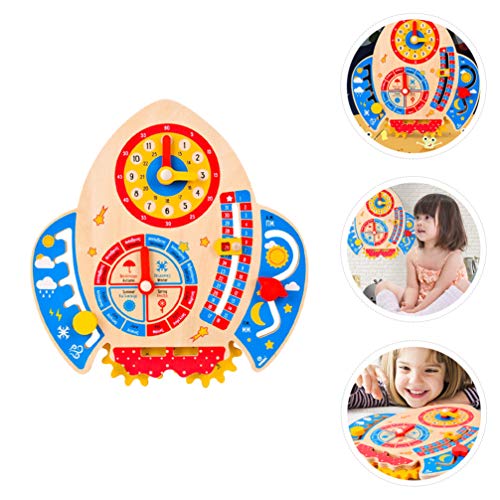 STOBOK Relógio de Brinquedo de Madeira Forma de Foguete Nunmbers Cognitiva Data Do Calendário Tempo