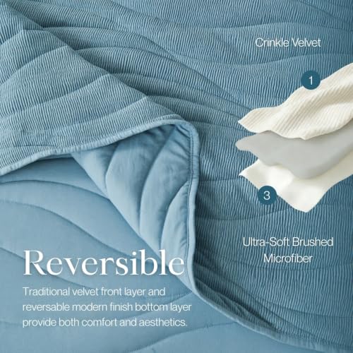 Image of DOWN HOME Crinkle Textured Velvet Quilt Set with Shams, All-Season Luxury Modern Bedding,Easy Care Comforter,Ultra-Soft,Lightweight & Breathable, Queen, Celestial Blue