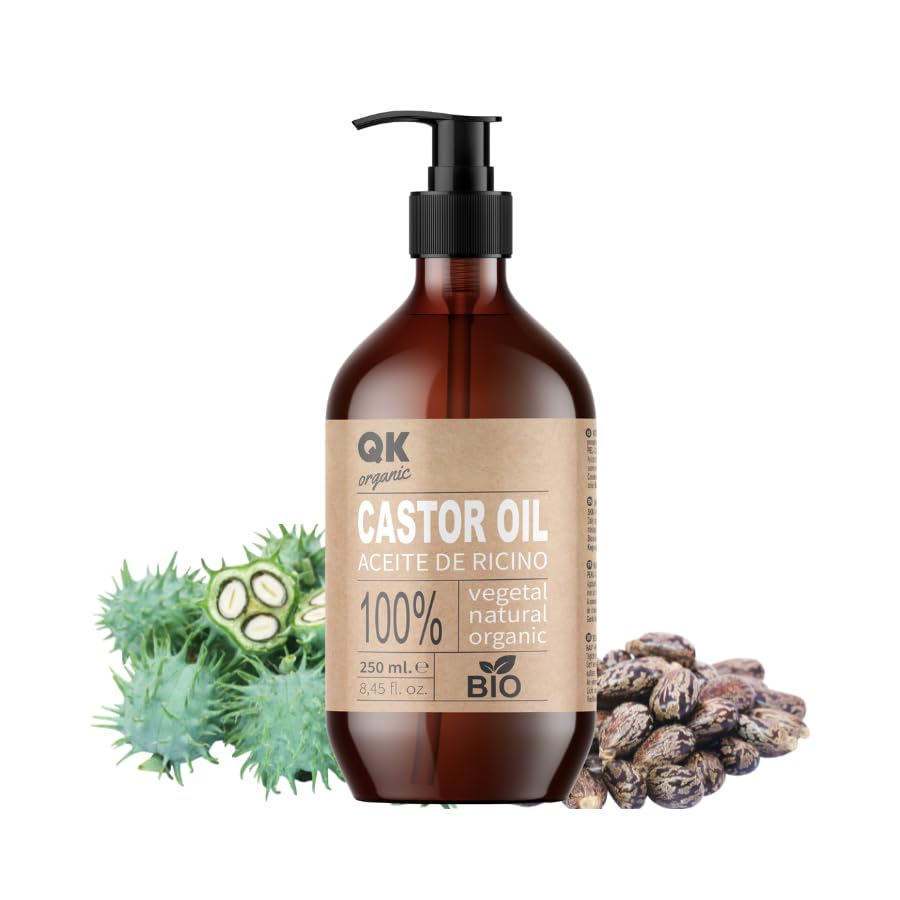 QKnatur - ACEITE DE RICINO ORGÁNICO 250 ml - para Pelo, Piel, Pestañas, Cejas, Barba y Uñas - 100% Puro - Prensado en Frío