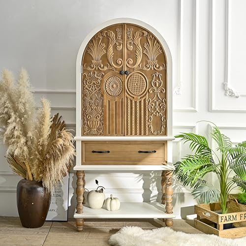 JIJIWANG 31.50" Arched Flower Carved Door Accent Sideboard Cabinet with 1 Drawer and Shelf, Wooden Console Table for Entryway Kitchen Dining Room Living Room Natural+White