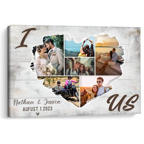 KiKiLuna Personalized I Love Us Photo Collage Frame Canvas, Custom Couple Names & Date Framed Wall Art, Rustic Heart Picture Collage, Anniversary Wedding Valentine’s Day Gift for Husband Wife Bedroom Decor