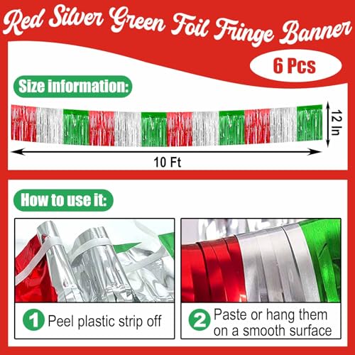 Image of 6 Pack 10 Feet Foil Fringe Garland Metallic Tinsel Streamers Banner Wall Hanging Backdrop Banner for Parade Floats, Valentine's Day, Wedding, Birthday, Mardi Gras Party Decorations Red Silver Green