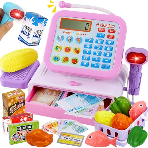 LINFUN KIDS Grande Caja Registradora Juguetes con Conpantalla Giratoria, Máquina Registradora Juguete con Escáner Micrófono, Tienda Supermercado Regalo para Niños Niñas 3 4 5 Años