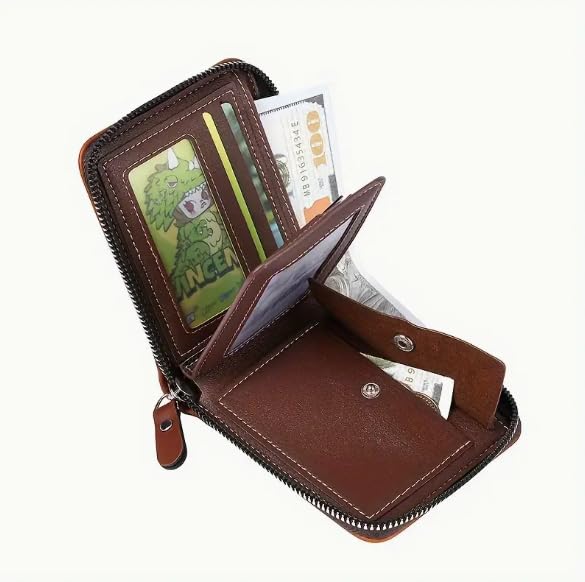 Vintage PU Leather Wallet for Men, Business Style Zippered Credit Card Case with Embossed Lettering, Classic Gift, Birthday Present (Dark Brown)4
