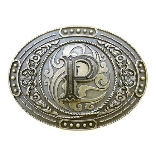 Image of GRAERRY Western Belt Buckle for Men Women Initial Letters ABCDJMR to Z Vintage Rodeo Cowboy Belt Buckles (P)