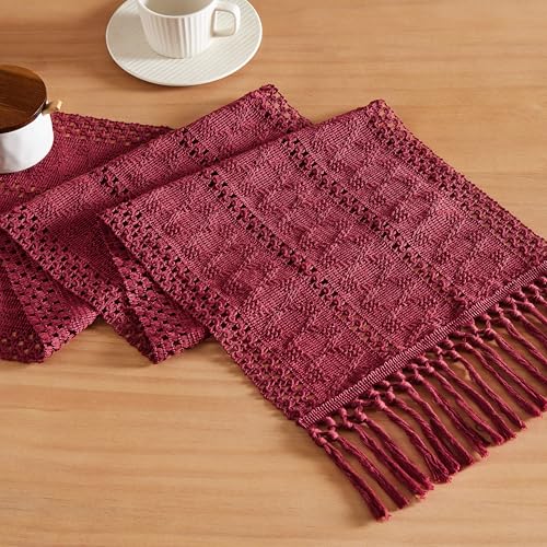 Image of ZeeMart Macrame Style Boho Table Runner, 12x90 Inch Burgundy | Woven Boho Table Runner with Handmade Tassels, Crochet Hollow Table Scarf, Farmhouse Kitchen Home Decor Dresser Runner