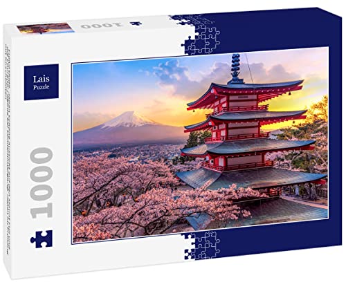 Lais Puzzle Fujiyoshida, Japan Beautiful view of Mount Fuji and the Chureito Pagoda at sunset, Japan in spring with cherry blossoms 1000 pieces