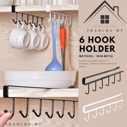 Image of Under Cabinet Mug Holder 6 Hooks Metal Under Shelf Cup Rack, Kitchen Utensil Hanger, Coffee Mug Stand Kitchen Utensil Ties Belts Scarf Hanging Rack (Black Color).