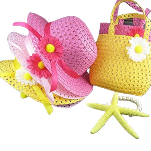 YESIMET 3 Sets Girls Tea Party Sun Hat and Purse Sets. Party Play Set Includes 3 Straw Purses & 3 Daisy Flower Sunhats,for Girls Princess Tea Party Birthday Party (Orange Blue Pink