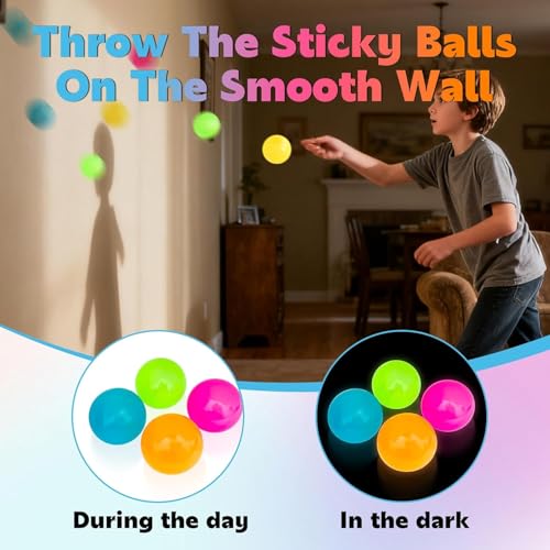 Image of Glow-in-The-Dark Sticky Balls for Kids, Stress Balls for Wall & Ceiling Play | Ceiling Ball for Adults Stress Relieving & Decoration, Party Games & DIY Crafts | Glowing Sticky Ball Toy Set