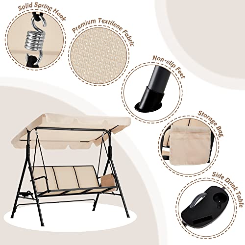 Haddockway 3-Seater Outdoor Adjustable Canopy Swing Chair,Porch Swing With Stand,Armrests,Textilene Fabric,Steel Frame,Patio Swing With Canopy For Garden,Backyard,Balcony,Poolside (Beige) #TOP1