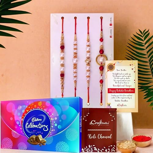 Image of eCraftIndia Set of 4 Pearls Rakhis for Brothers with Chocolate, Cadbury Celebrations Gift Pack of 7 Assorted Chocolates, Rakhi with Chocolate - Roli Chawal Pack, Raksha Bandhan Greeting Card