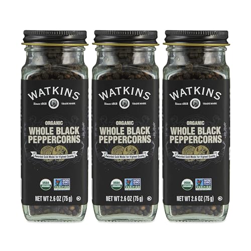 Image of Watkins Gourmet Organic Spice Jar, Whole Black Peppercorns, 2.6 oz. Bottle, 3-Pack
