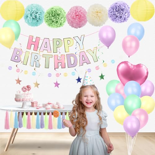 Image of Pastel Rainbow Party Decorations 50Pcs Pastel Birthday Decorations for Girl | with Happy Birthday Banner Balloons Paper Pom Poms Lantern Hanging Swirls Garland Ribbon Macaron Theme Party Supplies