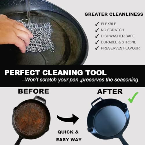 Image of Cast Iron Cleaner - 6 Inch Stainless Steel Chain mail Scrubber for Cast Iron Pans Cleaner Chainmail Scrubber for Skillet, Wok, Pot, Dutch Ovens (Pack of 2)