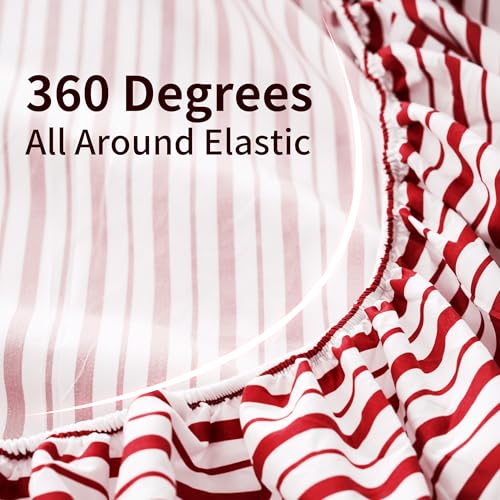 Image of Burgundy Red Striped Sheets Set Queen Size 4 Piece - Super Soft, Easy Care & Breathable Red and White Pinstripe Bed Sheet Set with 16-Inch Deep Pockets, Great Gift for Christmas & Birthday