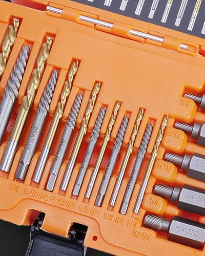 19 Piece Screw Extractor and Left Hand Drill Bits Set, Easy Out Screw Extractor Set with HSS Steel Reverse Drill Bit for Removing Stripped Damaged Broken Screw,Bolts,Nuts