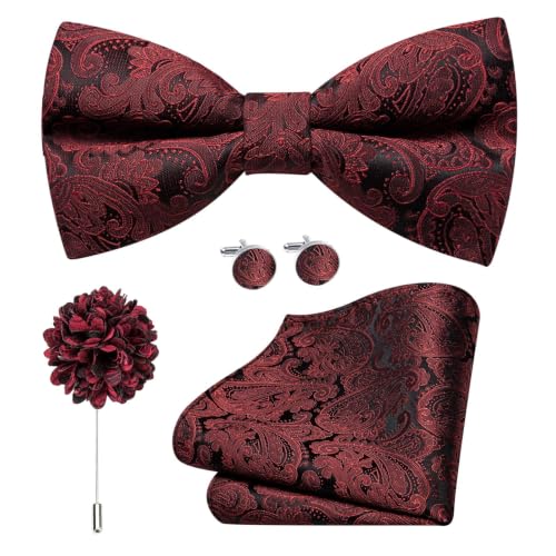 Image of Dubulle Mens Paisley Striped Bowtie Set Pre-tied Bowtie for Men and Pocket Square Set Wedding Business