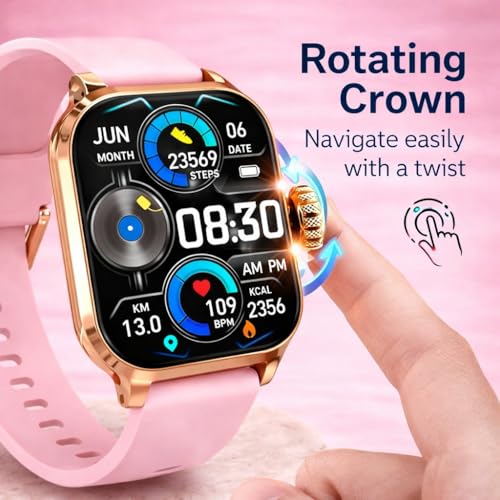 Image of Bouncefit H9 Smart Watch for Men, Women, Boys, Girls, Kids - 2.01 inch Full Touch Screen Display, Bluetooth Calling, Rotating Crown, Workout Modes, Wireless Charging Smart Watch - Pink AA
