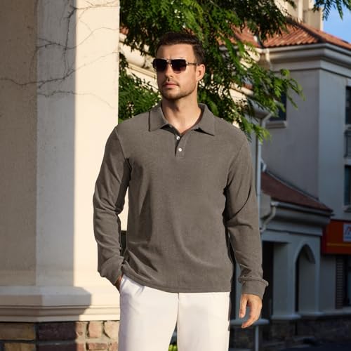 Camisetas Polo Informales para Hombre de Manga Larga, Tops Térmicos Básicos, Suaves, Elásticos y Cómodos, Cuello Clásico con Botones, Estilo Sólido y Ajuste Relajado, Ideales para Golf miniatura 5