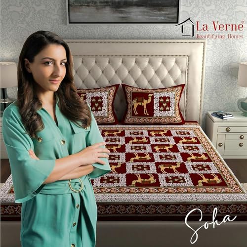 Image of La Verne 104 TC Cotton Double Bed Bedsheet Jaipuri Rajasthani Print Bedsheet with 2 Pillow Covers (Maroon)