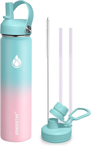 SENDESTAR Botella de agua de boca ancha de acero inoxidable de 24 onzas, doble pared aislada al vacío, botella a prueba de fugas con tapa flexible