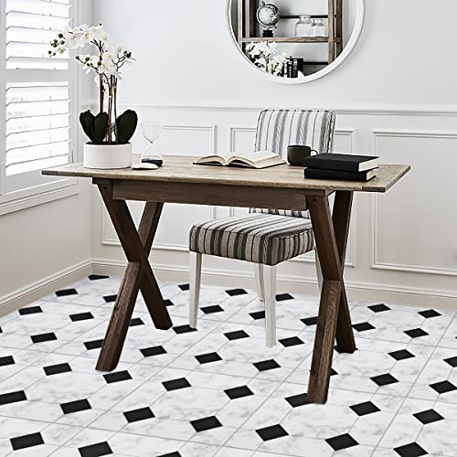 Ciciwind Peel And Stick Floor Tiles 12 Pcs-12" X 12" Self Adhesive Black & White Marble Lattic Pattern Floor Tiles For Bathrooms，Kitchen，Living Room，Dining Room #TOP7