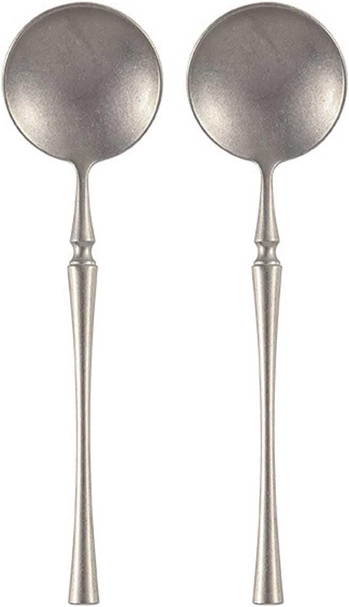 Soup Spoon Retro Matte Metal Spoons 2-Piece Premium Stainless Steel Round, Silver Set Flatware Ice Cream Scoop