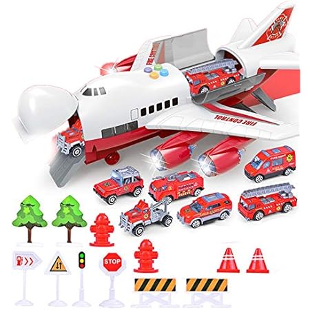 Amazon Jvsism 音楽ストーリー シミュレーショントラック慣性子供用おもちゃ 航空機 収納 旅客機警察消防レスキュー男の子おもちゃの車 赤色 飛行機 ヘリコプター おもちゃ