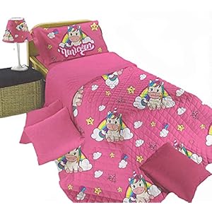 Perlarara – Tagesdecke für Einzelbett Mädchen Einhorn | Sommer-Steppdecke für Einzelbett Kinder rosa 170 x 260 cm | Steppdecke für Einzelbett Frühling aus Mikrofaser