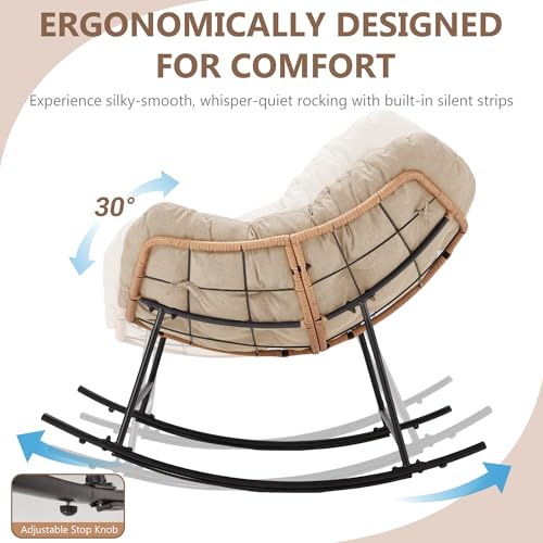 Halituny Outdoor Rocking Chair with Thick Cushion, Comfy Rattan Rocker Egg Chair Indoor with Straps, Patio Rocking Chair 450lbs for Garden, Balcony, Lawn, Backyard, Living Room, Bedroom — view 4