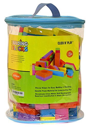 Click N' Play Foam Blocks, Soft Building Blocks And Stacking Block Toy Set For Toddlers| Perfect Bath Toys, 60 Count With Carry Tote | Great Gift For Toddler, Baby, Kids, Boy, And Girl Ages 1-3, 4-8 #TOP1