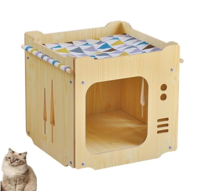 منزل للقطط مع وسادة سميكة وارجوحة، عش قطط، مكعب خشبي قابل للطي وقابل للتكديس، سرير للقطط والارانب ومخبأ للقطط وبوابة مربعة