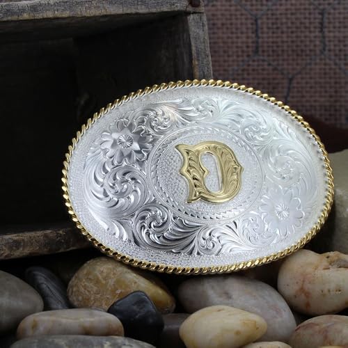 Image of Montana Silversmiths Initial Engraved Gold Trim Western Belt Buckle