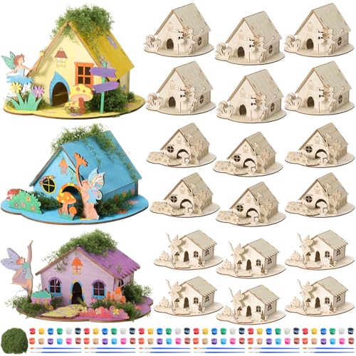 DoubleFill 18 Sets Wooden Fairy House DIY Kit Craft - DIY Fairy Garden with Paints & Decorations - Arts Crafts & Birthday Gift for Craft Activity Party Decor (Lovely Short)