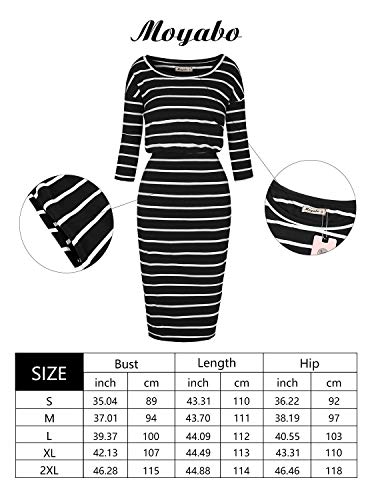 Moyabo Church Dresses For Women 3/4 Sleeve Round Neck Striped Business Office Work Formal Church Dress With Pockets White Large #TOP4