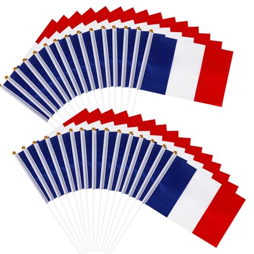 SULOLI 30pcs Petit Drapeau Français，14 * 21cm Drapeaux à Main—Mini Drapeaux Français avec Poteau Blanc de 30cm pour Fête Nationale Décor
