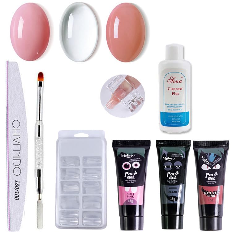 Poly Gel Nail Crystal Extender Kit, Pink and Clear, with Nail Tips, File, Brush, and Cleanser