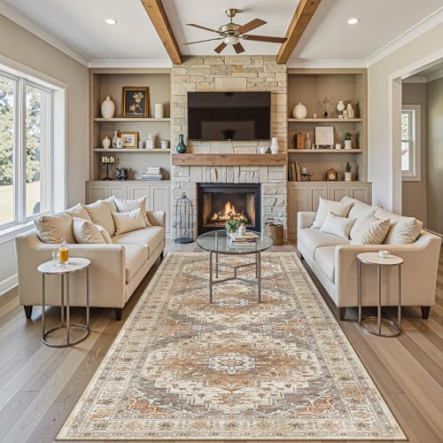 Madane 4x12 Wide Hallway Runners: Washable 12ft Runner Rug for Entryway Living Room Soft Vintage Non Slip Carpet Runner for Kitchen Dining Room Nursery Bedroom Thin Area Rug (Turmeric/Grey, 4x12ft)
